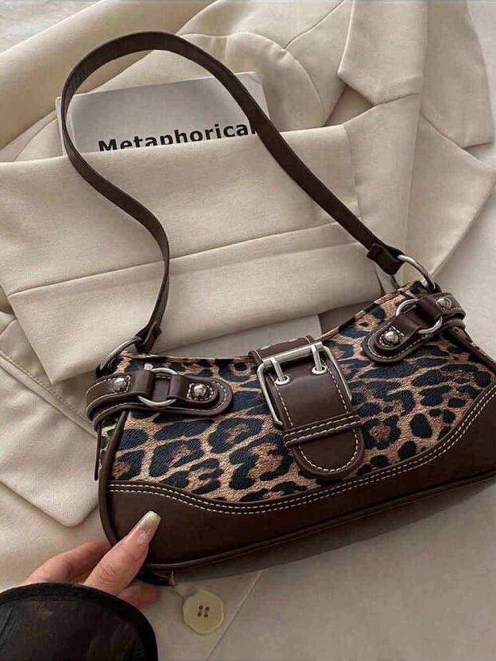 Brown Leopard Print Shoulder Bag with Buckle Detail